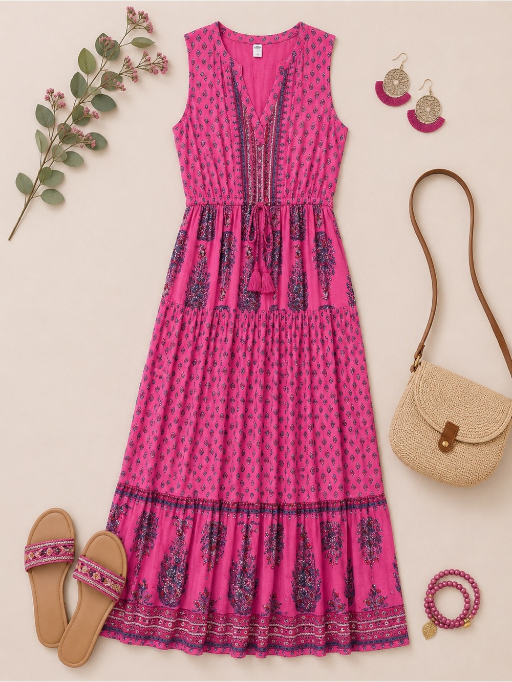 Old Navy Pink Boho Print Maxi Dress Size Medium